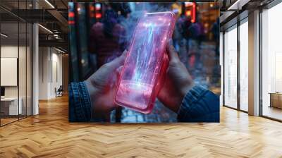 a person holding a phone.  Wall mural