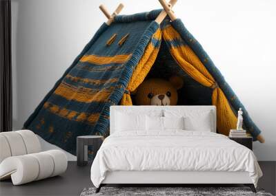 a stuffed bear in a tent.  Wall mural