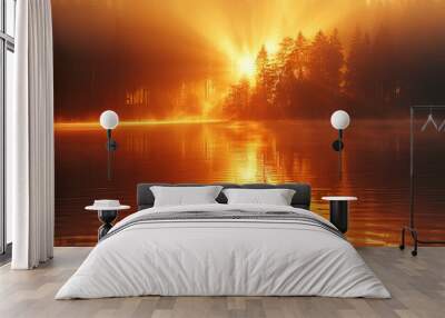 a sunset over a lake.  Wall mural