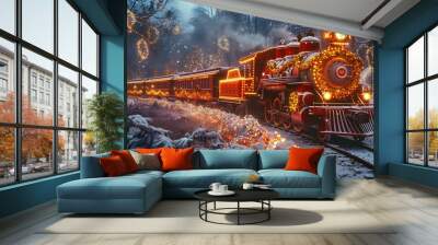 a train with lights on it.  Wall mural