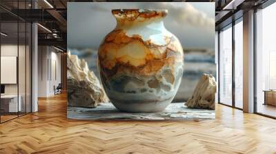 a vase with a rusted surface.  Wall mural