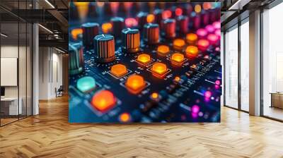 Close-up image of a mixing board adorned with multiple colored lights. Wall mural