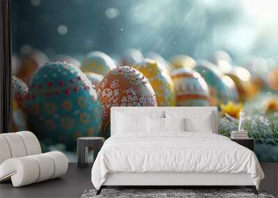 Colorful Easter eggs hidden in lush green grass. Wall mural