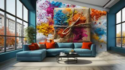 Holi gift wrapped in vibrant powder, showcasing the festive spirit with a burst of colors.

 Wall mural