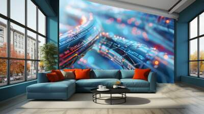 lose-up of digital data cables, showcasing the intricate patterns and colors that represent information flow in an advanced network system. The scene is captured with a macro lens to highlight every d Wall mural