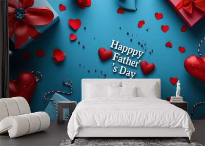 Happy fathers day card with gift box on blue background Generative Ai Wall mural