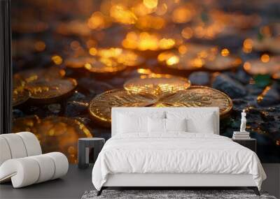 Shiny gold coins scattered on the ground, glistening in the sunlight. Wall mural