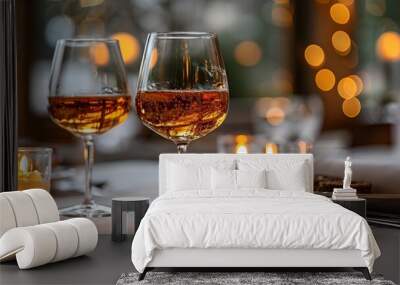 Two elegant wine glasses sit on a table, surrounded by softly glowing candles. Wall mural