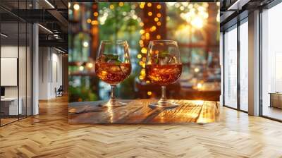 two glasses of alcohol on a table.

 Wall mural