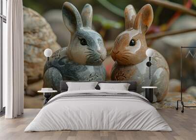 two rabbits on a rock.  Wall mural