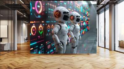 Two robots standing in front of a wall with colorful lights. Wall mural