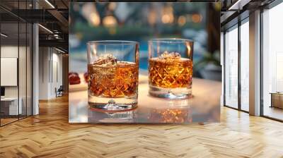 Two whiskey glasses resting on a table, filled with amber liquid. Wall mural