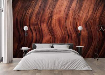 A close up of a rich, dark, brown wooden surface with a flowing, wavy grain pattern. Wall mural