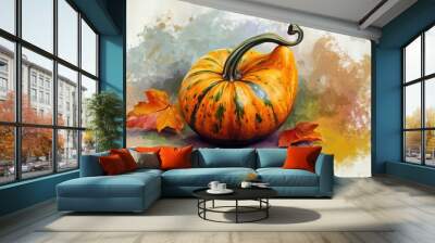 A single orange gourd with a green stem sits on a textured background with two fall leaves. Wall mural