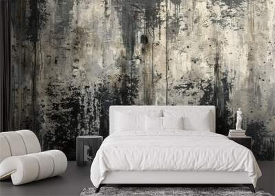 Abstract background with black and white paint splatter on a rough concrete wall. Wall mural