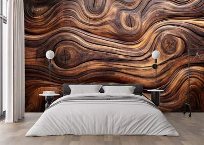 Close up of dark wood grain with wavy pattern and knots. Wall mural