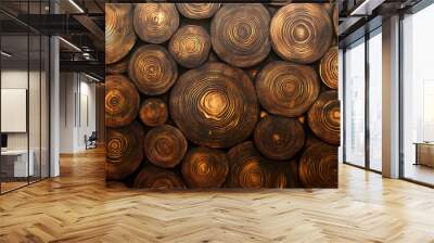 Close up of wooden rings, dark background. Wall mural