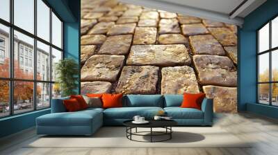 Close up shot of a cobblestone pathway with sun shining through. Wall mural