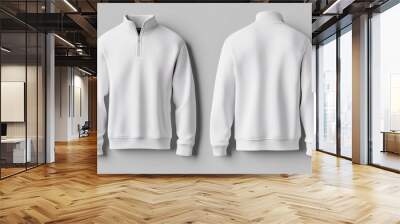 White half zip sweatshirt mockup with long sleeves, front and back view, isolated on grey background. Wall mural