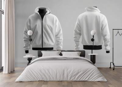 White hooded zipper jacket on mannequin, front and back view. Wall mural