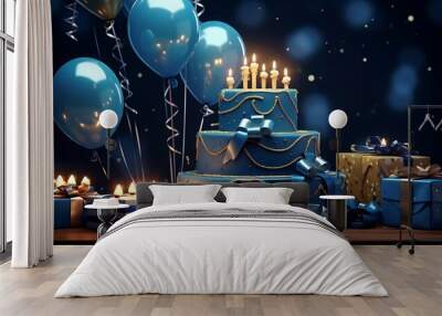 Birthday cake in blue with sparklers, surrounded by gifts, hats, and balloons. Wall mural