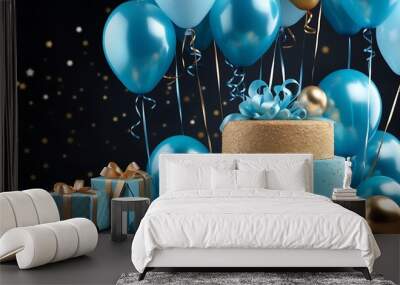 Blue birthday cake with party hats, balloons, and gift boxes. Wall mural