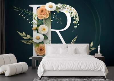 Blooming Letter R: Enchanting Floral Collection - Ivory Blossoms, Gilded Foliage, and Botanical Delights. Perfect for Weddings, Celebrations, and Joyous Occasions. Featuring Roses, Peonies Wall mural