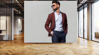 Elegant young handsome man in suite wearing glasses. Studio fashion portrait. Wall mural