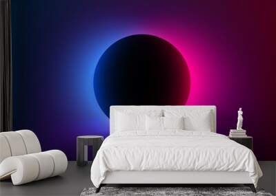 Abstract futuristic background with vivid neon blue pink light behind the black circle. Eclipse concept. Design of banner, poster, flyer for cybersport, and advertising. Vector Wall mural