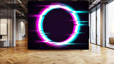 An illuminated circle with glitch effect. Glitched Circle Frame Design. Distorted Glitch Style Modern Background. Glow Design for Banner, Poster, Flyer, Brochure, Card. Glitch Vector illustration. Wall mural