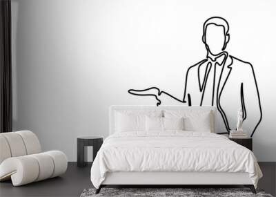 Continuous line drawing businessman tells and shows something, copyspace . Vector illustration. Wall mural