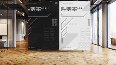 Cyberpunk futuristic poster set. Modern cyberpunk design for web and print template. Tech flyer with HUD elements. Abstract futuristic digital technology black and white design, inversion. Vector Wall mural