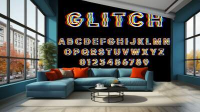 Glitch font with distortion 3D effect. English letters, numbers and symbols with glitch effect. Yellow, red and blue channels. Wall mural