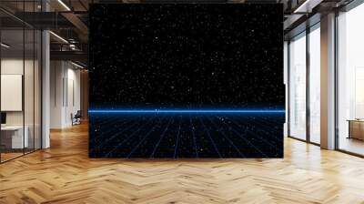 Retrowave blue laser perspective grid with bright horizon line on starry space background. Retrofuturistic cyber landscape illustration in the style of 1980s. Wall mural