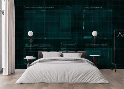 Set of HUD user screen interface on dark green digital hi tech background. Futuristic layout of control panel and user menu in HUD style. Editable stroke. Good for animation. Vector Wall mural