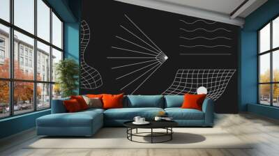 Set of retrofuturistic design elements. Liquid distorted grid, gravity visualization, wavy lines in cyberpunk 80s style. Cyber design elements for poster, cover retrowave style. Vector Wall mural