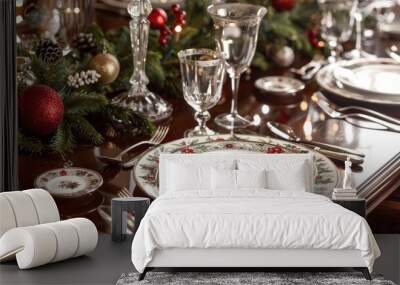 A beautifully decorated Christmas dinner table, set with fine china, silverware, and festive centerpieces Wall mural