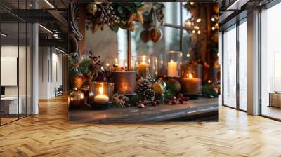 A beautifully decorated mantelpiece with candles and holiday decor Wall mural