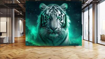 A digital artwork of a white tiger with green eyes set against a cosmic green nebula background Wall mural