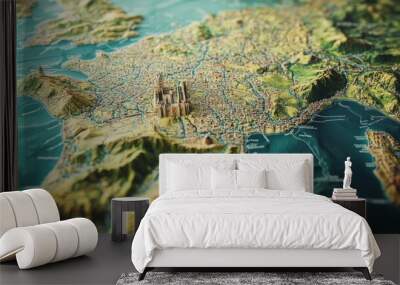 A picturesque map of France decorated with famous landmarks and scenic routes Wall mural