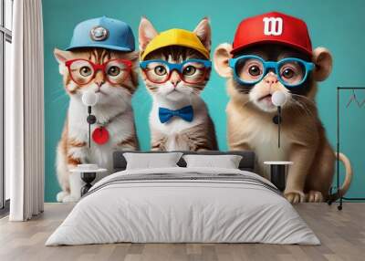 animals in one team, cute animals wearing caps and glasses on blue background   Wall mural