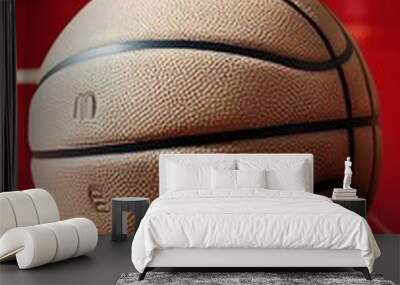 A basketball lies on a red court, captured in close-up, emphasizing the ball on the ground with no one present. Wall mural