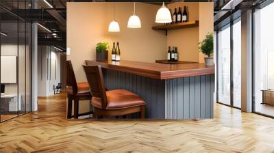 A modern kitchen featuring a gray bar counter and wooden corner, complete with stylish stools for seating. Wall mural