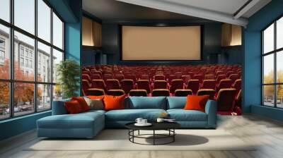 Empty movie theater featuring red chairs and a large screen, showcasing a quiet and inviting atmosphere. Wall mural