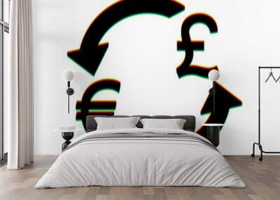 Currency exchange sign. Euro and UK Pound. Black Icon with vertical effect of color edge aberration at white background. Illustration. Wall mural