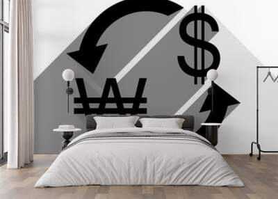 Currency exchange sign. South Korea Won and US Dollar. Vector. Black icon with two flat gray shadows on white background. Wall mural