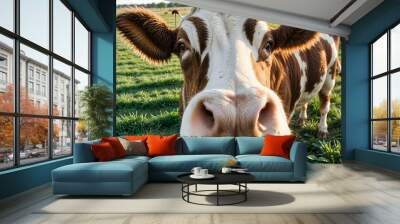 A cow with an interesting look to look at objective cameras on the background of green fields Wall mural