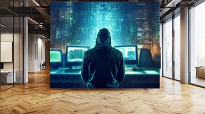 A hoodie-wearing computer hacker sits in front of computer monitors overlooking a futuristic city. Cyber security and system hacking concept. Generative Ai. Wall mural