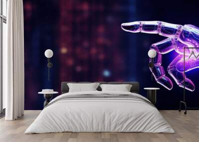 A robotic hand with a holographic finger on cyber background with copy space. Humanoid mechanical arm with neon illumination. Banner. Generative Ai. Wall mural