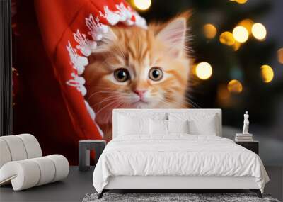 Cute ginger striped kitten under a red blanket on a blurry background of Christmas tree lights. Wall mural